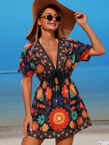 Swim Vcay 女士沙滩印花V领收腰短袖休闲度假连衣裙/罩衫 - 黑色 - 查看 5