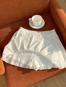 SHEIN EZwear 女性運動打底褲,配褶皺網球裙覆蓋 - 白色 - 查看 7