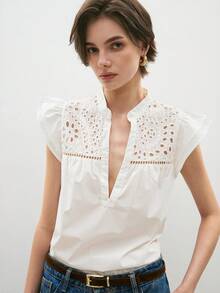 ATUI Studio Women's Summer Commuting Elegant Vacation Casual V-Neck Hollow Embroidery Shirt,Summer Tops,White Top,Business Casual Woman,Going Out Tops Women - White - View 5