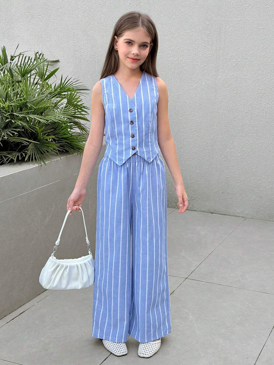 Firerie Kids 少女杏色束腰两件套 - Polo 领衬衫、马甲和宽松长裤，休闲日常通勤百搭时尚套装，适合姐妹合照拍摄 - 杏色 - 查看 1