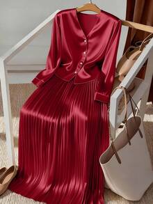 GlowEve CURVE 大码女式时尚褶皱连衣裙，优雅纹理面料，领口和袖口设计，纽扣式上衣和裙子套装，适合返校、毕业典礼、情人节、音乐节、母亲节、万圣节、感恩节、复活节、国庆节、晚宴、约会派对、婚礼季、户外旅行等场合。 - 酒紅色 - 查看 1