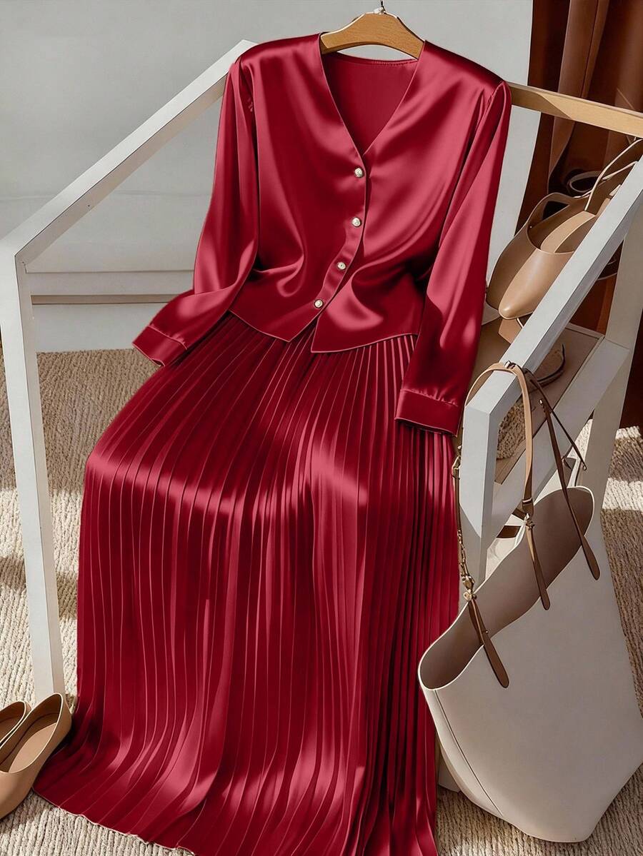 GlowEve CURVE 大码女式时尚褶皱连衣裙,优雅纹理面料,领口和袖口设计,纽扣式上衣和裙子套装,适合返校、毕业典礼、情人节、音乐节、母亲节、万圣节、感恩节、复活节、国庆节、晚宴、约会派对、婚礼季、户外旅行等场合。 - 酒紅色 - 查看 1