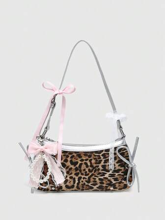 Kawaii Damen Retro Ballett Stil Schmetterling Dekor Kette Leoparden Muster Faux Perle Spitze Dekor Schulter/Unterarm Baguette Tasche, Umhängetasche, Tierdruck Damen Tasche, Herbst Winter modische Gepard Muster Handtasche für Frauen, Neue Herbst Winter Tiger Muster Tasche für Frauen
