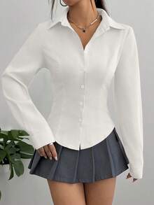 Flirla Women's Casual Versatile Commuter Solid Color Waist Shirt - White - View 3