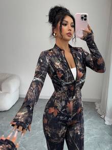 INAWLY Women's Casual Camouflage Pattern Fitted Zip-Up Cropped Top & Flared Pants 2 Pieces Set - Multicolor - View 8