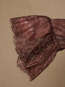 Freevana 大码波西米亚风棕色雪纺蕾丝拼接V领荷叶边系带喇叭袖衬衫，独特设计春季女式衬衫 - 棕色 - 查看 8