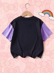 HELLO KITTY AND FRIENDS | SHEIN 年轻女孩休闲日常通勤时尚街头卡通字母条纹撞色印花宽松T恤，夏季