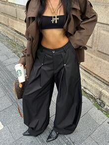 Coolane 女式夏季嬉皮商务休闲街头风复古宽松灯笼裤 - 黑色 - 查看 3