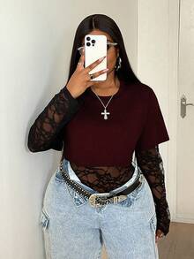 Maweii 大码女式休闲蕾丝拼接连体衣 - 酒紅色 - 查看 5