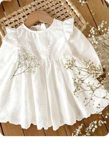 SHEIN LMoss Kids 女婴可爱优雅白色花卉刺绣荷叶边连衣裙 - 白色 - 查看 1