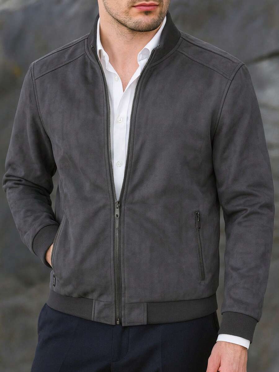 Chaqueta de Gamuza Sintético para Hombres, Afelpada por Dentro, Chamarra Piel Sintética - Gris - Ver 1