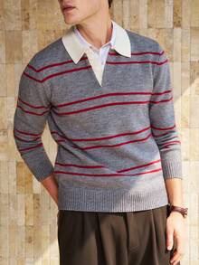 Airaco Vintage Coin Pattern Contrast Stripe Crew Neck Casual Pullover Sweater For Men - Dark Grey - View 1