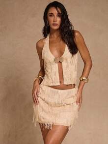 SHEIN Glamour New Women's Two Pieces Set: The Front Features Metal Buckles, While The Back Has Tie Straps For An Open-Back Design,Apricot Sequin Top, Prom Dress, New Year's Gala Attire, Sexy Tank Top For Parties, Sequin Off-Shoulder Straps, Cocktail Party Dress,Old Money Style . Cream Two Piece Set Beige Two Piece Set Fringe Top Fringe Skirt Havana Nights Outfit - Apricot - View 1