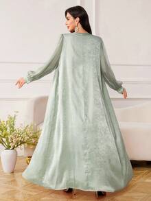 Al Najma 女士纯色无袖连衣裙和贴花灯笼袖长袍休闲度假阿拉伯风格套装 - 綠色 - 查看 3