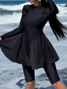 Swim Shayni Bộ đồ bơi Burkini tay dài xếp nếp vai cho nữ màu đen - màu đen - Xem 3