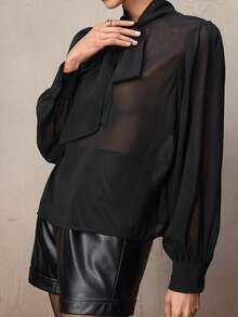 NOVVYNE Women's Solid Color Tie Front Long Sleeve Shirt - Black - View 5