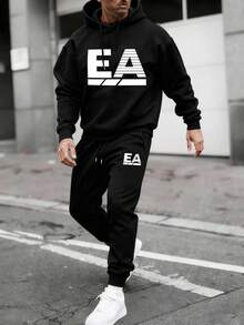 Manfinity Homme 男士落肩长袖抽绳连帽宽松卫衣两件套，圣诞礼物，男士两件套，新年套装，男装，男士礼物，男士慢跑套装，男士连帽衫和运动裤套装，男士运动服套装，男士两件套 - 黑色 - 查看 2