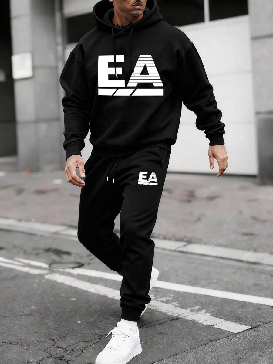 Manfinity Homme 男士落肩长袖抽绳连帽宽松卫衣两件套，圣诞礼物，男士两件套，新年套装，男装，男士礼物，男士慢跑套装，男士连帽衫和运动裤套装，男士运动服套装，男士两件套