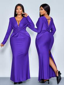 SOLERSUN 大码女式优雅纯色亮面面料前后扭结深V领褶皱长袖紧身性感鱼尾长裙，时尚小众设计气质轻奢连衣裙，简约时尚长裙，适合派对、万圣节、圣诞节、新年、婚礼季、伴娘礼服、节日服装、秋季、冬季穿着。 - 紫色 - 查看 5