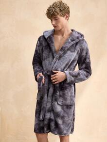 Men's Tie-Dye Fluffy Hooded Bathrobe, Suitable For Loungewear - Multicolor - View 4