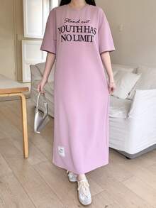 少女宽松休闲标语印花针织圆领短袖连衣裙，适合日常穿着、休闲上学、返校、情人节、夏季 - 紫色 - 查看 1