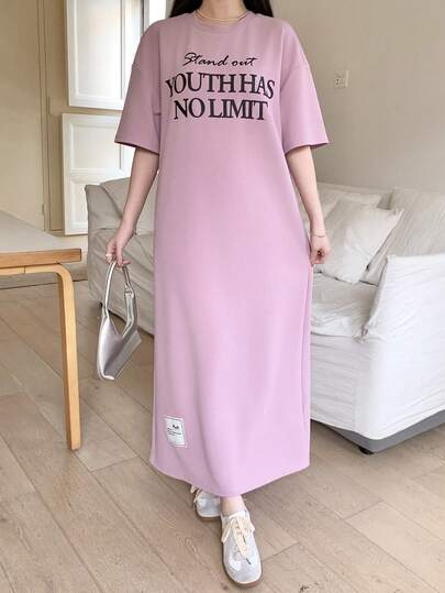 Teen Girls Oversized Casual Slogan Print Knit Round Neck Short Sleeve Dress, Suitable For Daily Wear, Casual School, Back To School, Valentine's Day, Summer