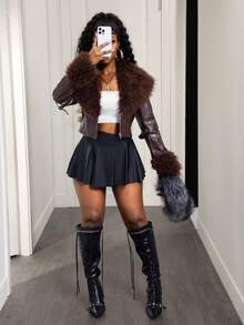 BamGleam Áo khoác lông giả thời trang thường ngày dành cho nữ - Cà phê nâu - Xem 3