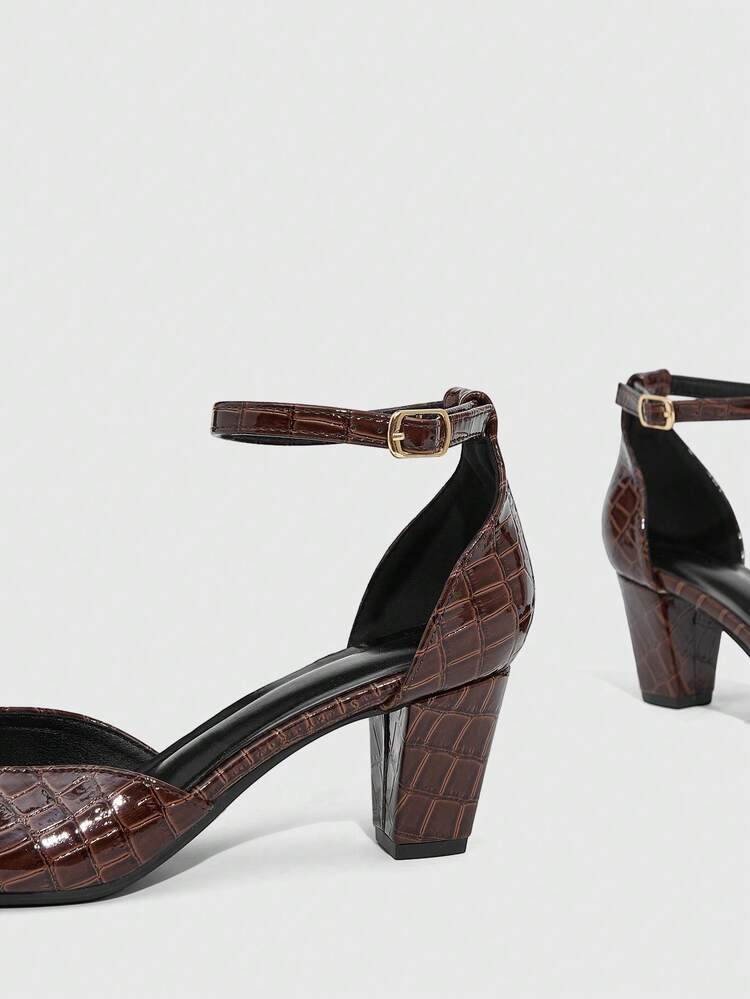 CUCCOO SZL Women's Glossy Crocodile Embossed Leather Square Toe Adjustable Buckle Chunky High Heel Pumps, Suitable For Work And Commute