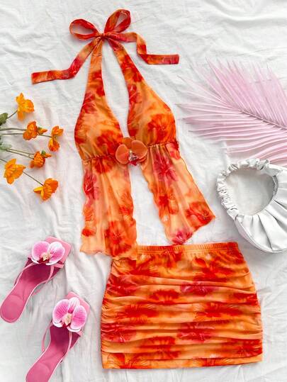 Soleia Women's Retro Tie-Dye Floral Print Knit Mesh Halter Backless Tie-Up Top And Ruched Mini Skirt Set, Suitable For Party, Date, Afternoon Tea, Beach, Carnival, Summer