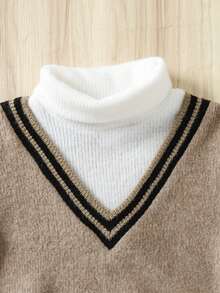 SHEIN Baby Boys V-Neck 2 In 1 Knitted Sweater, High Collar Knit Pullover For Autumn/Winter - Mocha Brown - View 7
