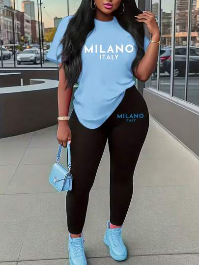 Maweii Summer Plus Size Women's Sports Short-Sleeved Long Pants Letter Print Set, Elastic Sport Casual 2 Pieces Set, Machine Washable