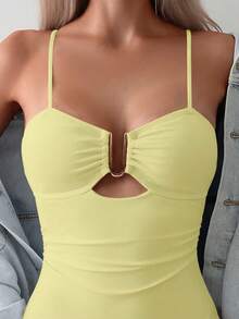 Bonvoyette Áo tắm liền thân nữ màu trơn, trang trí kim loại, xếp ly - Màu vàng ngỗng - Xem 5