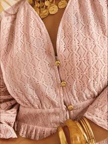 Aralina Lace Insert Long Sleeve Button Up Ruffle Hem Elegant Mini Shift Shirt Dress - Dusty Pink - View 6