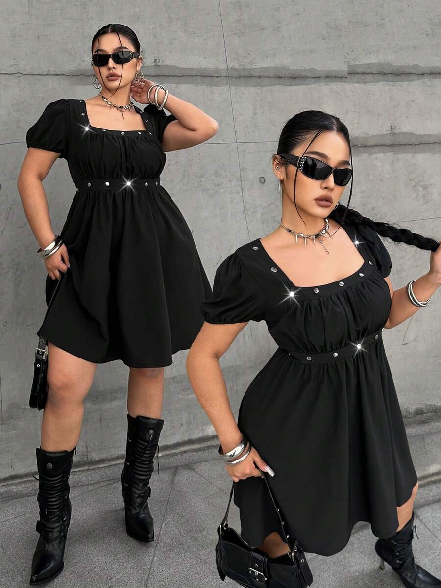 POPSWAY Robe courte en tissu à manches courtes avec décoration de rivets pour femmes grandes tailles - Noir - Voir 1
