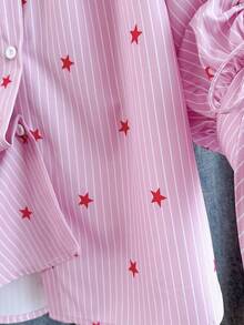 GlowEve CURVE Camicia a maniche lunghe con stampa a stelle e linee, taglia comoda, Camicia rosa per San Valentino da donna, Camicia a righe da donna, Camicia con stampa a stelle da donna, Camicia a righe rosa da donna, Camicia con bottoni e maniche lunghe casual da donna - Rosa - Visualizzare 4