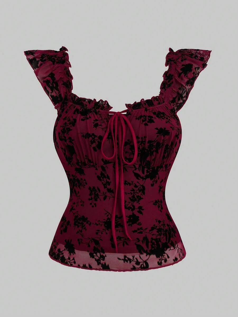 Sweetra Gothic Style Women Top, Floral Flocked Fabric, Ruffle Trim - Burgundy - View 1