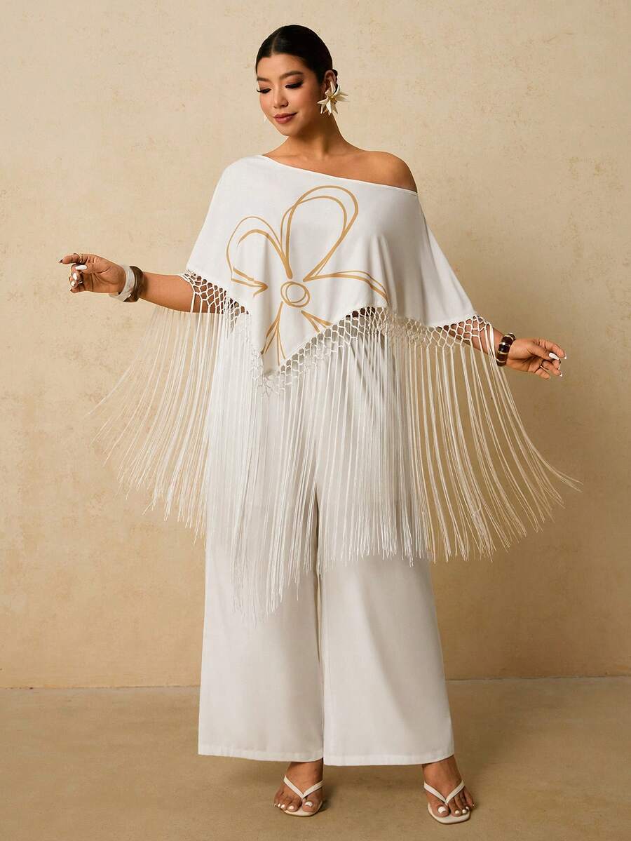 Travachic 大码斜肩流苏装饰宽松花卉两件套 - 白色 - 查看 1