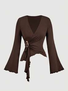 SHEIN MOD 女士休闲纯色V领长袖T恤，秋冬款，休闲女装，棕黑色上衣，复古风，70年代风格，派对上衣，复古裹身款，优雅上衣 - 彩色 - 查看 3