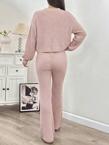 SHEIN EZwear Conjunto de 2 piezas de mujer con cárdigan ancho de tiras sólido y pantalones acampanados con cordón en la cintura para otoño/invierno - Rosa vieja - Ver 2