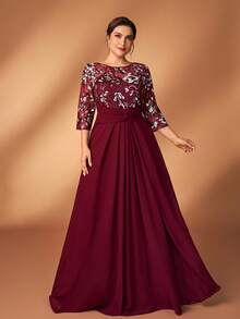 Serin Abito elegante e romantico in vino rosso con maniche a 3/4, in chiffon di lusso con perline e vita arricciata a vita, adatto per matrimoni, feste, celebrazioni, abiti da sera formali, madre della sposa - Bordò - Visualizzare 9