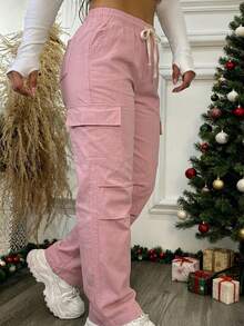 Mujer Pantalón Cargo Casual Bolsillos Grandes Tela Suave Color Liso Corte Recto Ajuste Holgado Cintura Elástica Largo Primavera Otoño Invierno Diario Pantalón - Rosa - Ver 3