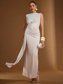 Hauture Women's Simple Elegant Side Ruched With Twisted Design Jersey Going Out Maxi Dress - Apricot - View 1