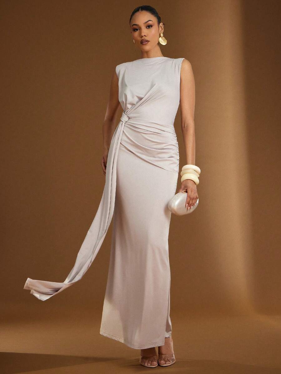 Hauture Women's Simple Elegant Side Ruched With Twisted Design Jersey Going Out Maxi Dress - Apricot - View 1