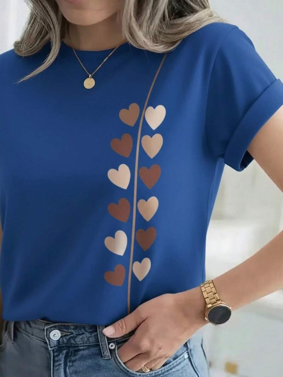 Mujer casual camiseta estampado gráfico love corazón amor día san valentín cerezas cereza enamorados pareja linda tierna cute rayas rayones dibujo letras creativo ajuste regular cuello redondo manga corta primavera erano uso diario comoda fresca ligera - Azul Marino - Ver 1