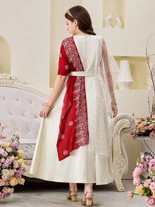 SHEIN Teen Girls Elegant White Summer Dress,Shawl Collar Traditional Pakistani Kaftan Abaya Sets,Sweet Waist Belt Puff Sleeve Civil Wedding Bride Gown - Multicolor - View 6