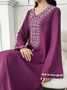 SHEIN Teen Girls' Embroidered Purple Long Sleeve Dress,Elegant Autumn Modest Arabic Jalabiya Abaya - Purple - View 11