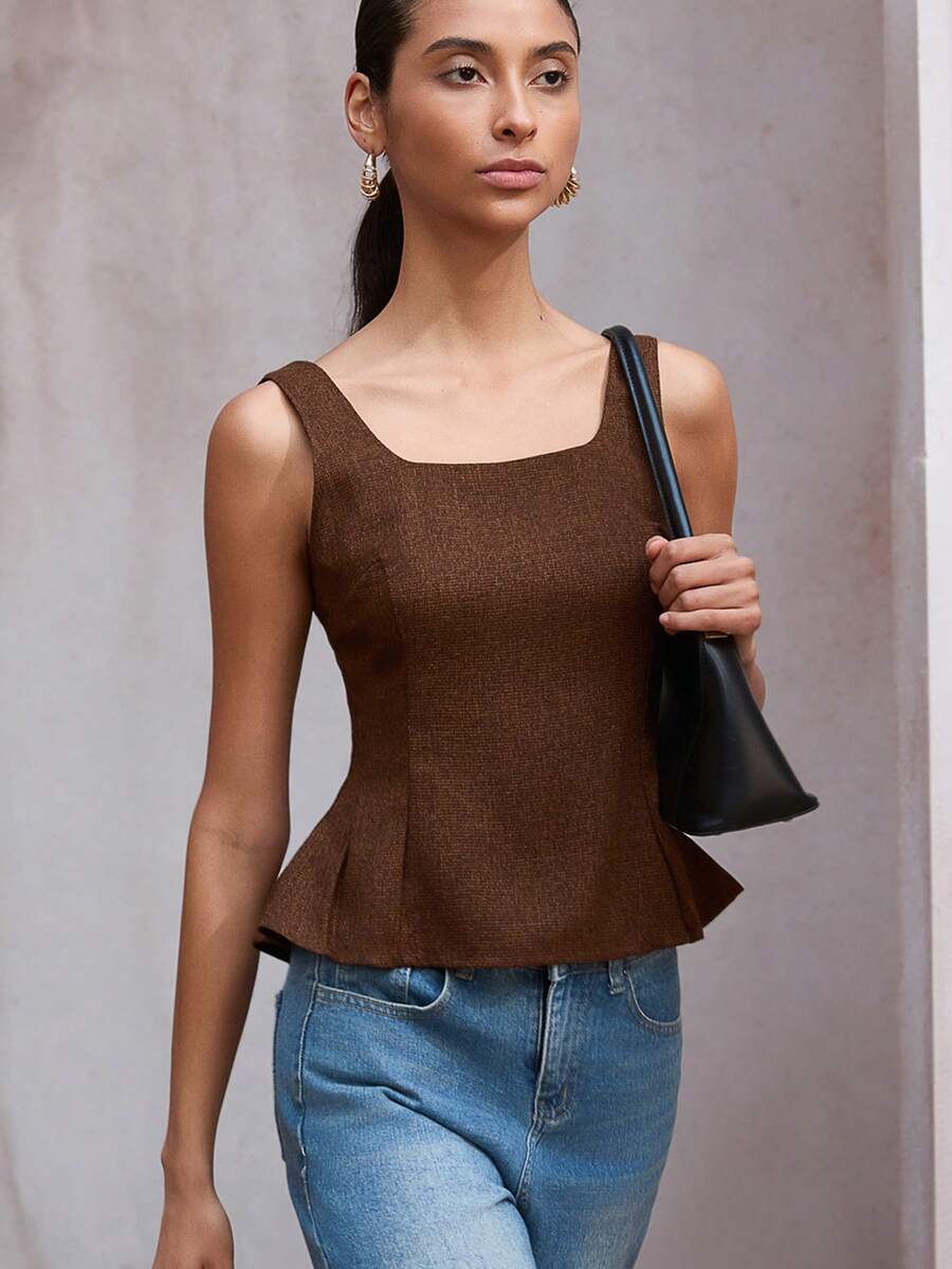 Aveloria Modichic Áo hai dây nữ cổ vuông, eo nhún, lưng xếp ly. - Màu nâu Sô-cô-la - Xem 1