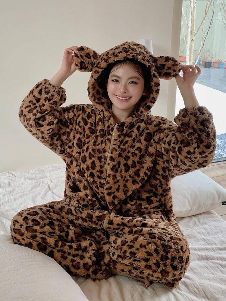 Dazy Plus Thermal Lined Leopard Print Hooded Loose Plus Size Women Jumpsuit Pajamas