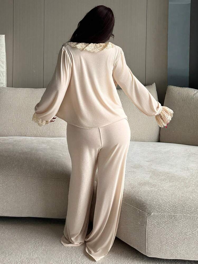 Dazy Plus 3pcs/Set Women Plus Size Elegant Tie-Up Contrast Lace Loose Straight Pants Pajama Set, Spring/Summer Home Wear