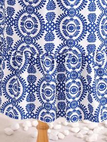 SHEIN 1pc Older Tween Girl' Summer Blue & White Geometric Print Stand Collar Mid-Length Flare Sleeve Ruffle Hem Casual Dress - Multicolor - View 7